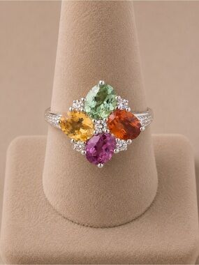 925 Sterling Silver Multi-Stone Cluster Ring Floral Clover Design 5.75 #648